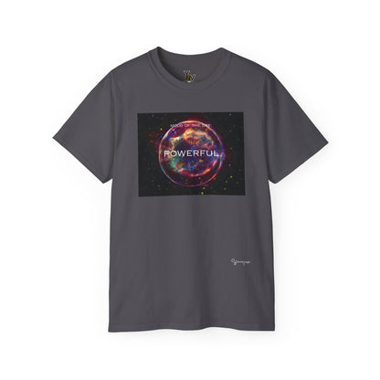 Charcoal unisex t-shirt with a red sphere-shaped cosmos graphic motivational Mood Of The Day Powerful by Youniqverse