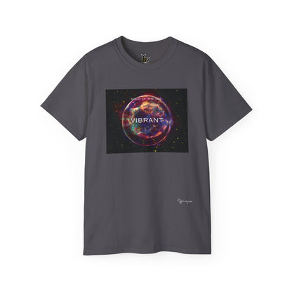 Charcoal unisex t-shirt with a red sphere-shaped cosmos graphic motivational Mood Of The Day Vibrant by Youniqverse