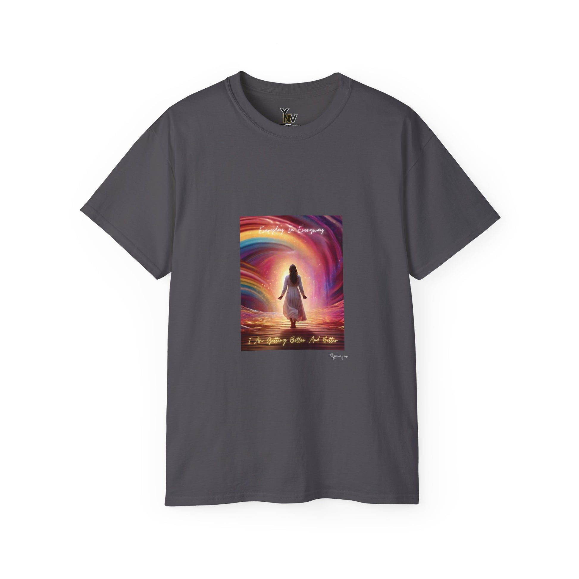 Charcoal unisex t-shirt with a lady in white dress in rainbow aura with positive quote Everyday In Every Way I Am Getting better And Better, Peaceful Rainbow 2 by Youniqverse