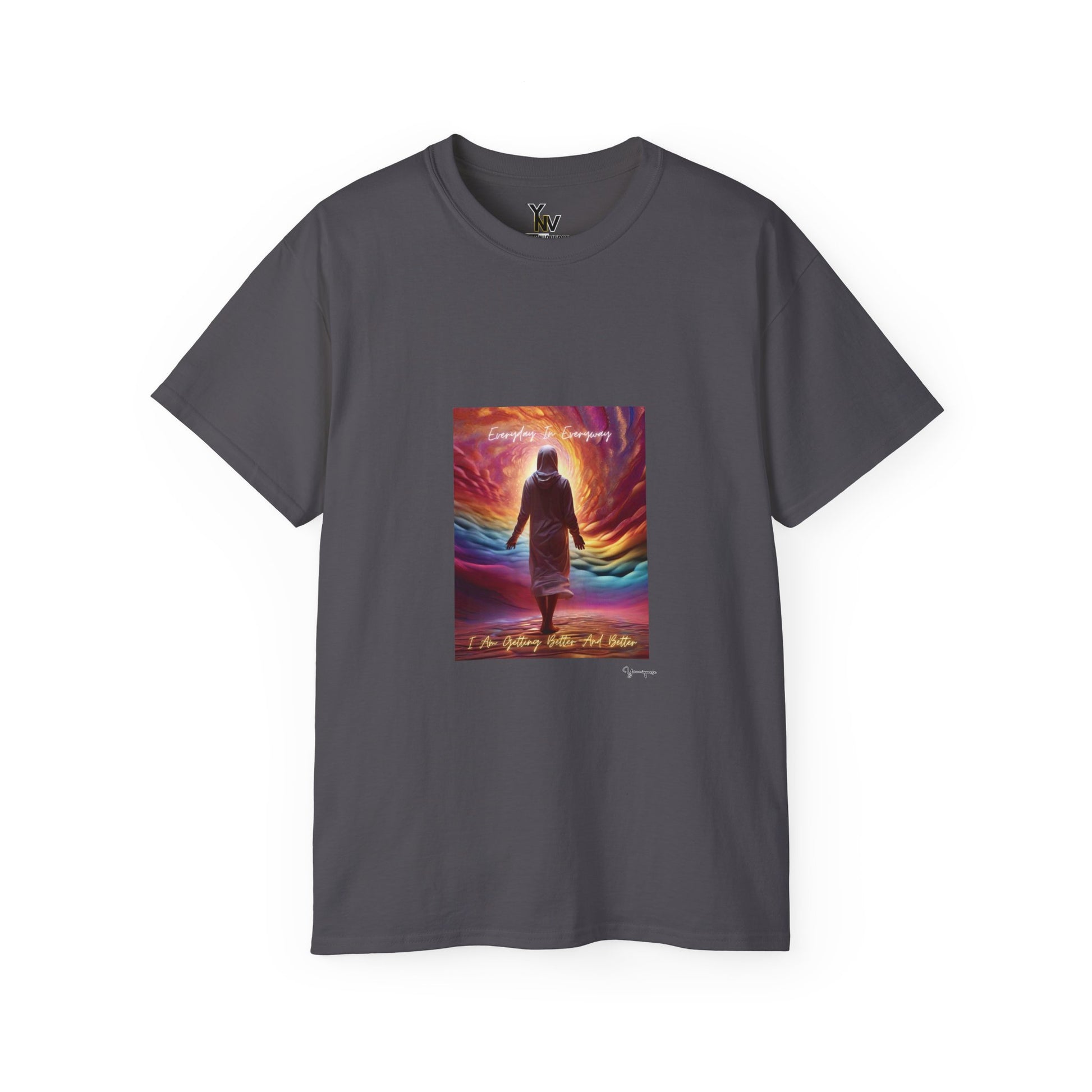 Charcoal unisex t-shirt with a person in white attire on cloudy rainbow with positive quote Everyday In Every Way I Am Getting better And Better, Peaceful Rainbow 3 by Youniqverse