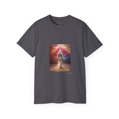 Charcoal unisex t-shirt with a person in white attire in rainbow aura with positive quote Everyday In Every Way I Am Getting better And Better, Peaceful Rainbow by Youniqverse