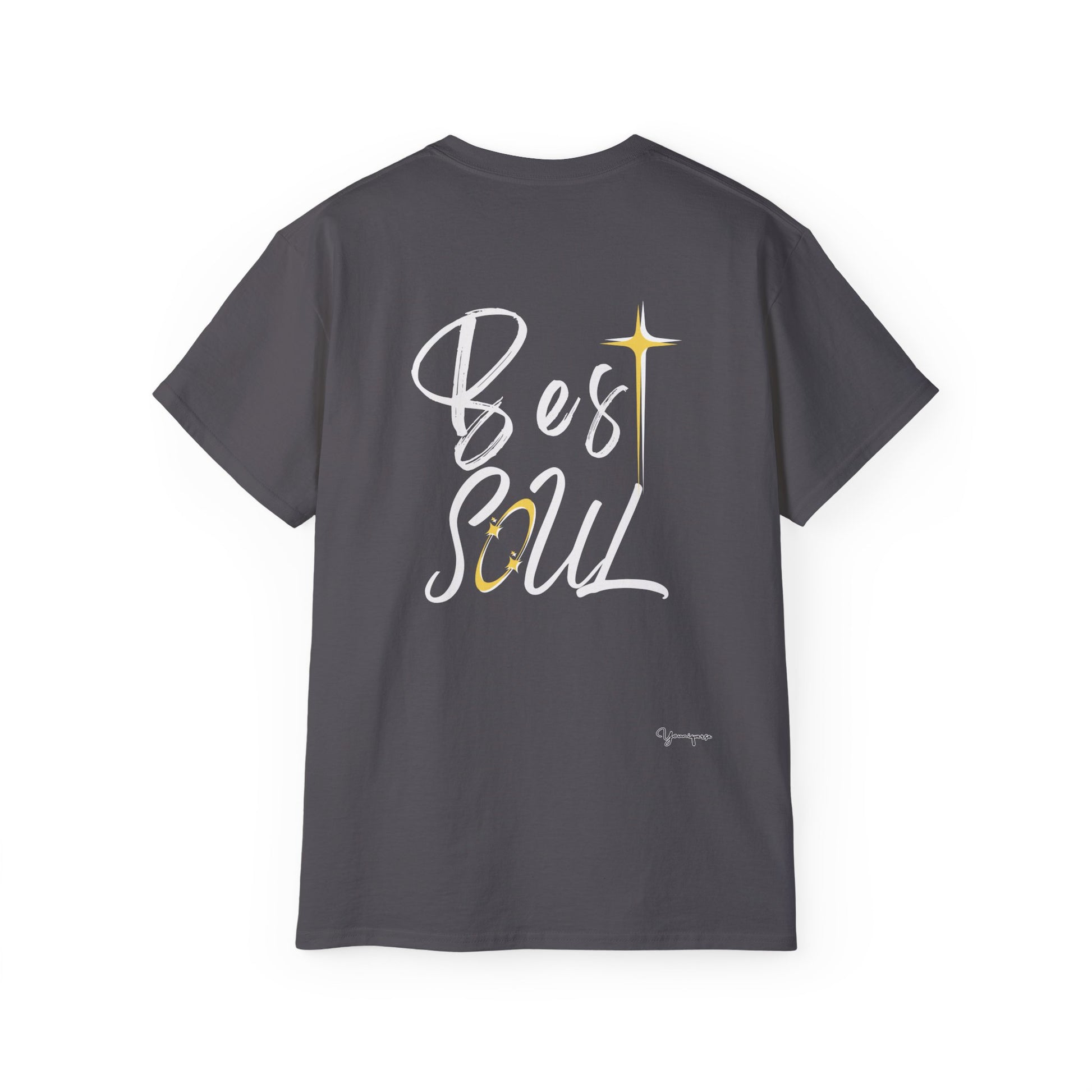 Charcoal unisex cotton t-shirt with positive sparkling Best Soul on front and back by Youniqverse