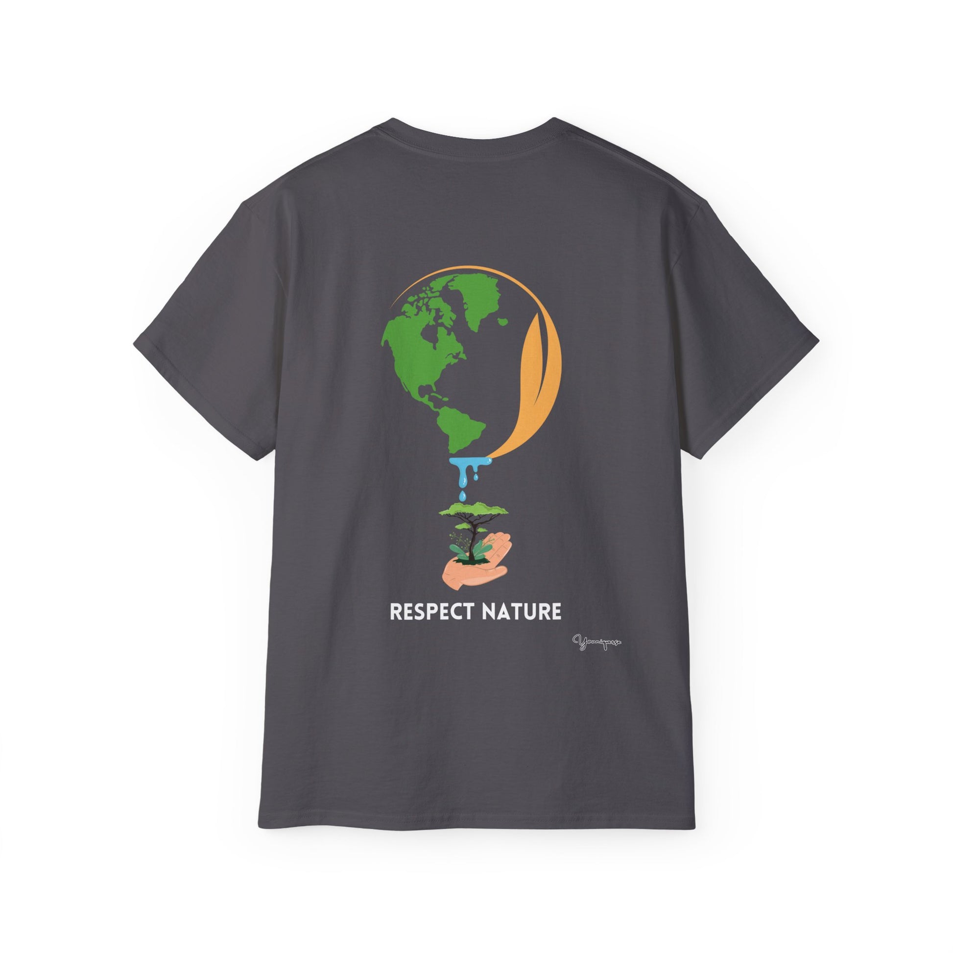 Charcoal unisex t-shirt with hand holding earth watering a tree Respect Nature on front and back by Youniqverse