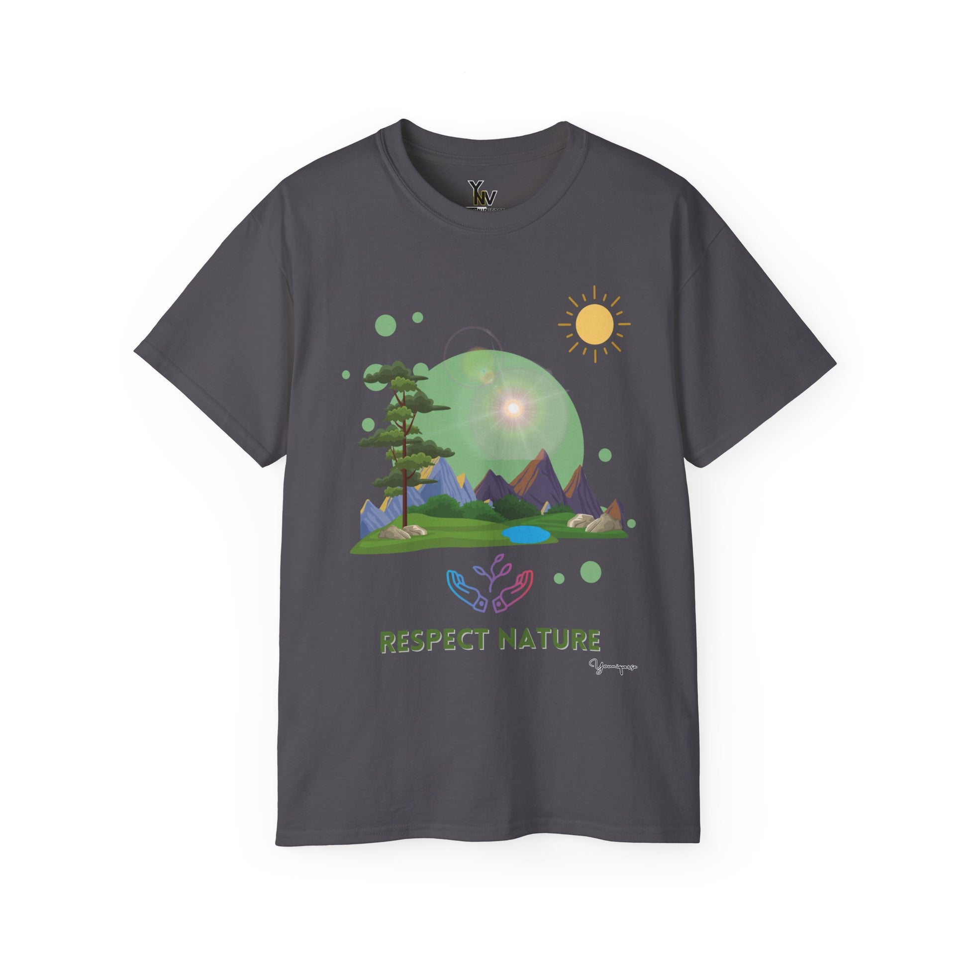 Charcoal unisex t-shirt with a hands embracing glowing nature under the sun Respect Nature by Youniqverse