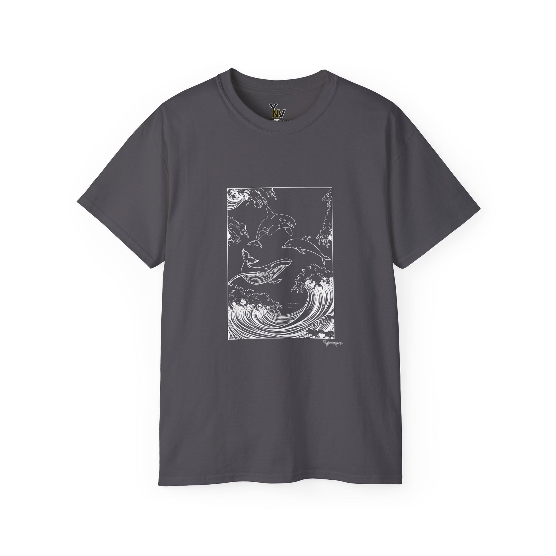 Charcoal unisex t-shirt with a graphic of a whale, orca, and dolphin leaping from the sea, Ocean Wildlife - Whale Orca Dolphin Tee y Youniqverse