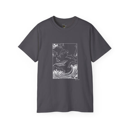 Charcoal unisex t-shirt with a graphic of a whale, orca, and dolphin leaping from the sea, Ocean Wildlife - Whale Orca Dolphin Tee y Youniqverse