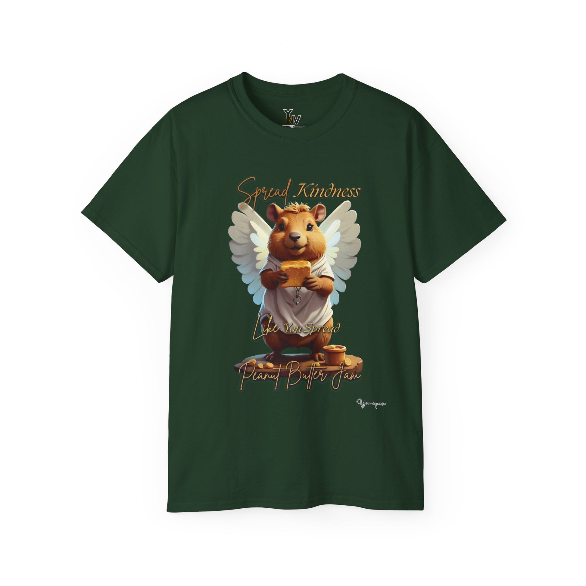 Forest unisex t-shirt with a cute smiling capybara with angel wings holding a block of peanut butter, Spread Kindness Like You Spread Peanut Butter Jam 3 by Youniqverse