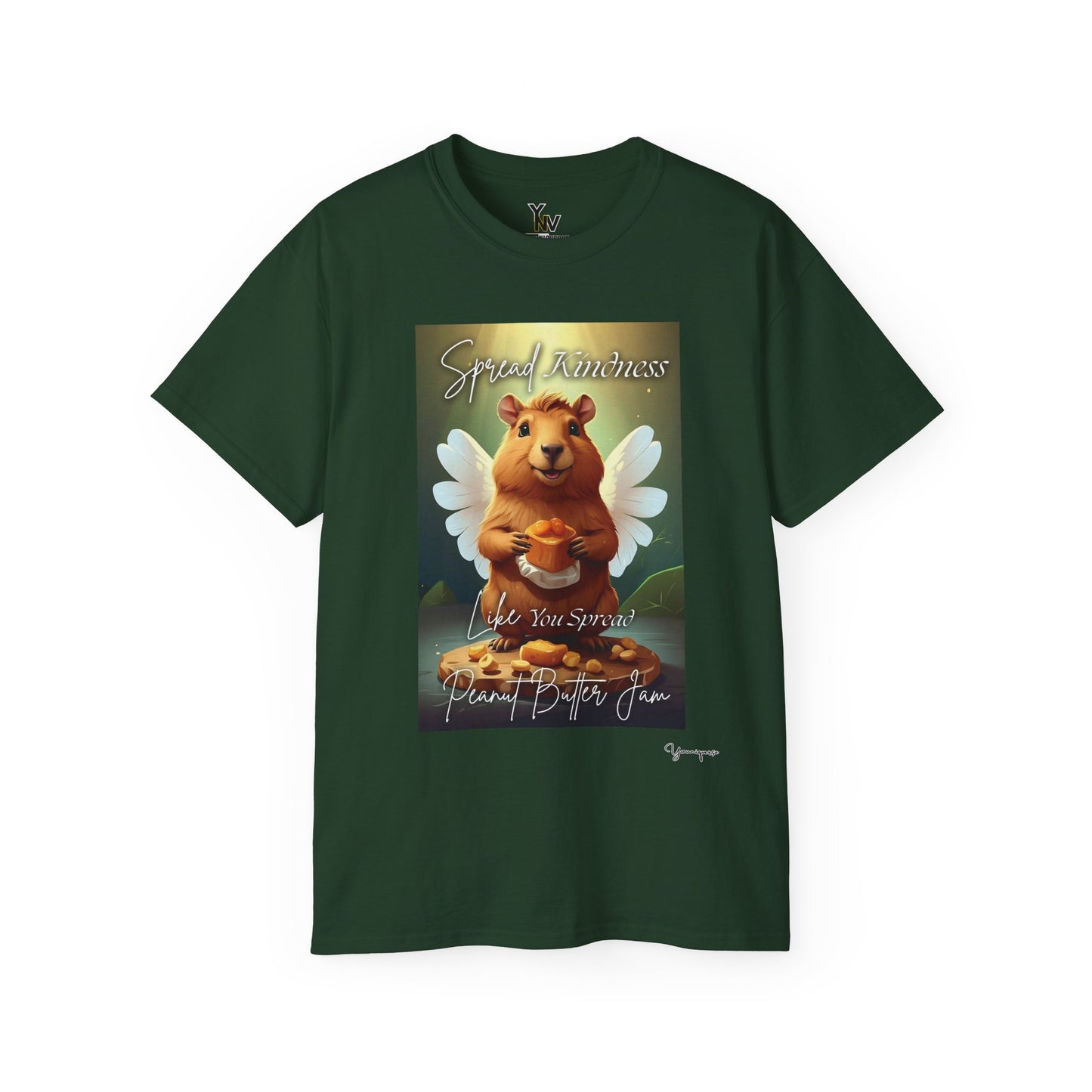 Forest unisex t-shirt with a cheerful smiling capybara with angel wings holding a block of peanut butter, Spread Kindness Like You Spread Peanut Butter Jam by Youniqverse