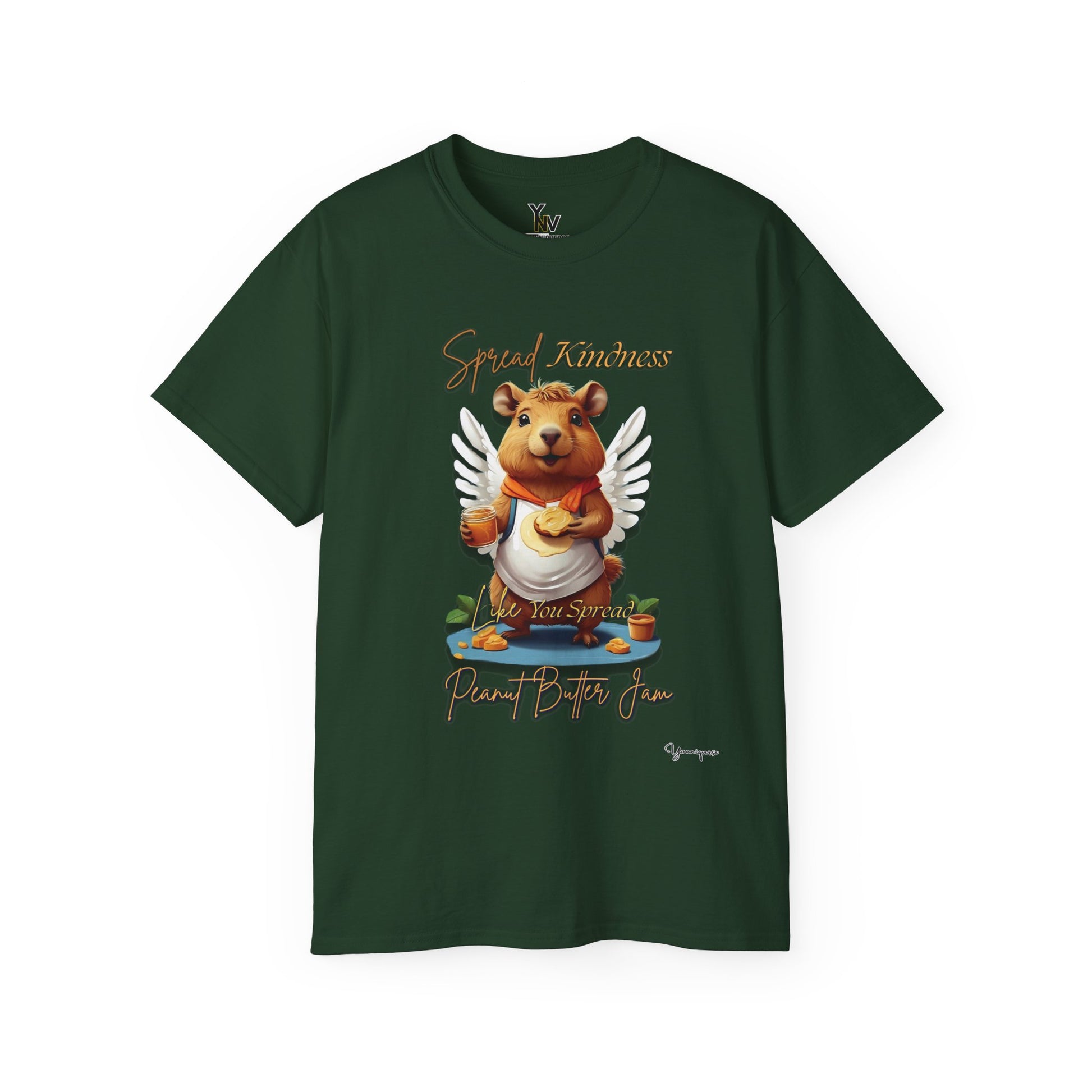 Forest unisex t-shirt with a cute smiling capybara with angel wings holding a peanut butter jam and toast, Spread Kindness Like You Spread Peanut Butter Jam 2 by Youniqverse