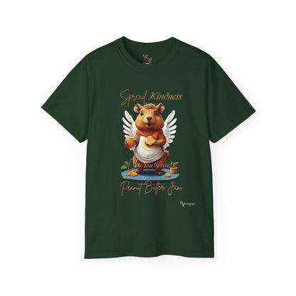 Forest unisex t-shirt with a cute smiling capybara with angel wings holding a peanut butter jam and toast, Spread Kindness Like You Spread Peanut Butter Jam 2 by Youniqverse