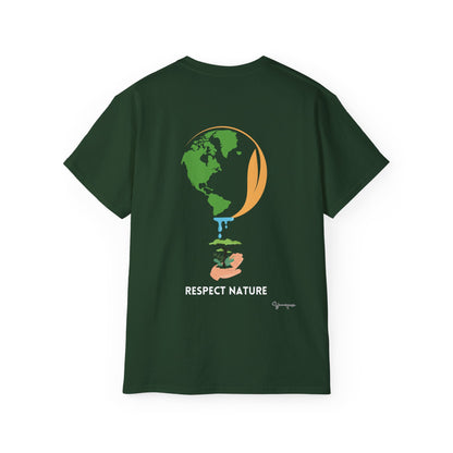 Forest unisex t-shirt with hand holding earth watering a tree Respect Nature on front and back by Youniqverse