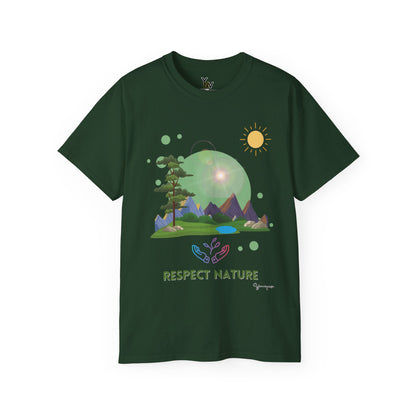 Forest unisex t-shirt with a hands embracing glowing nature under the sun Respect Nature by Youniqverse