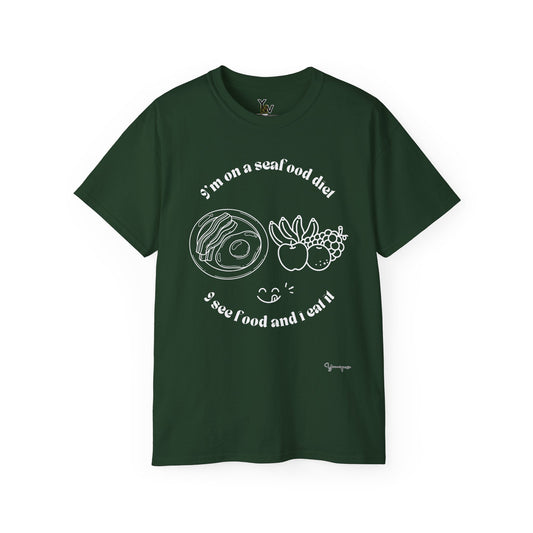 Forest unisex t-shirt with graphics of a plate of bacon and egg with fruits, and a funny foodie quote "I'm on a seafood diet, I see food and I eat it by Youniqverse