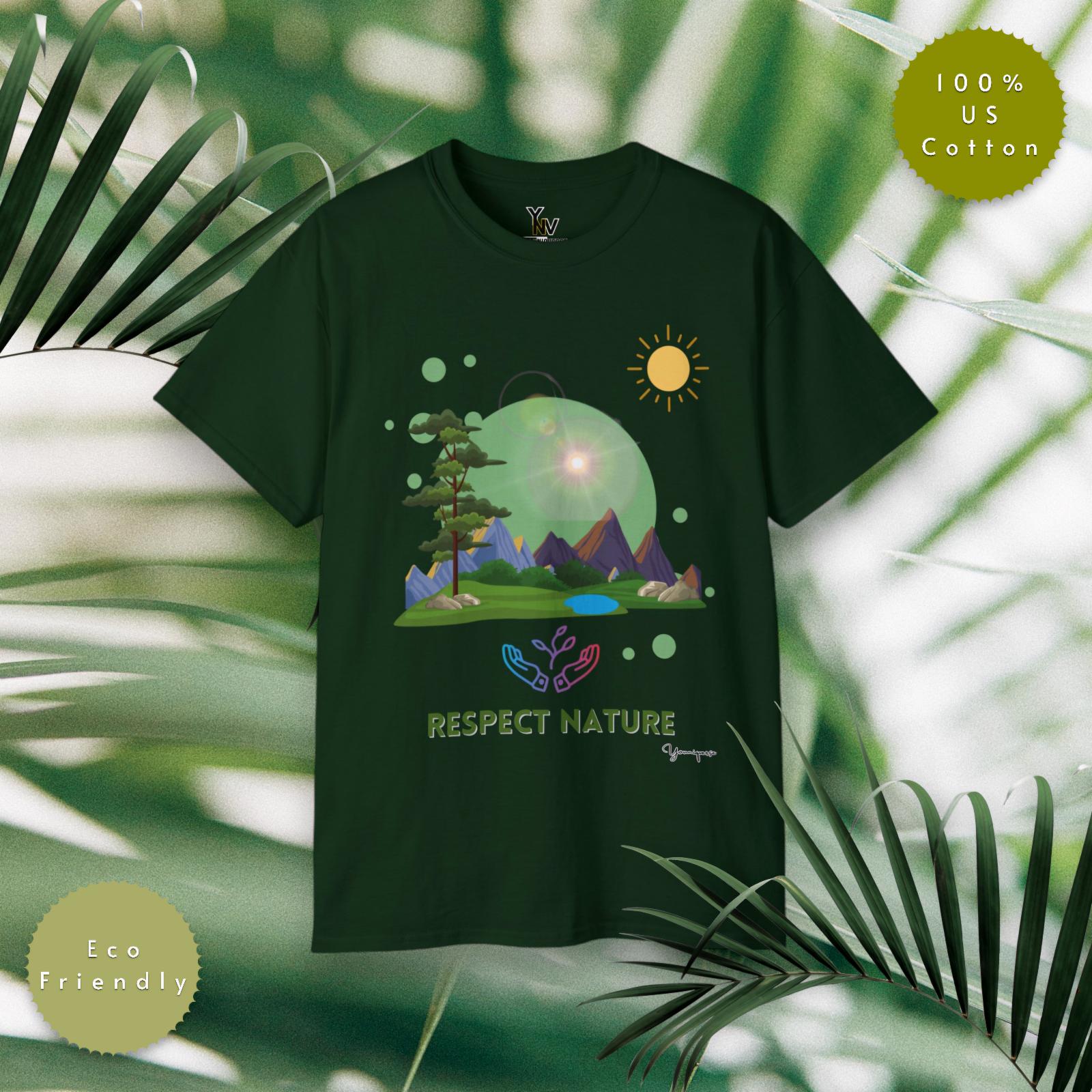 Forest unisex t-shirt with a hands embracing glowing nature under the sun Respect Nature plants background by Youniqverse