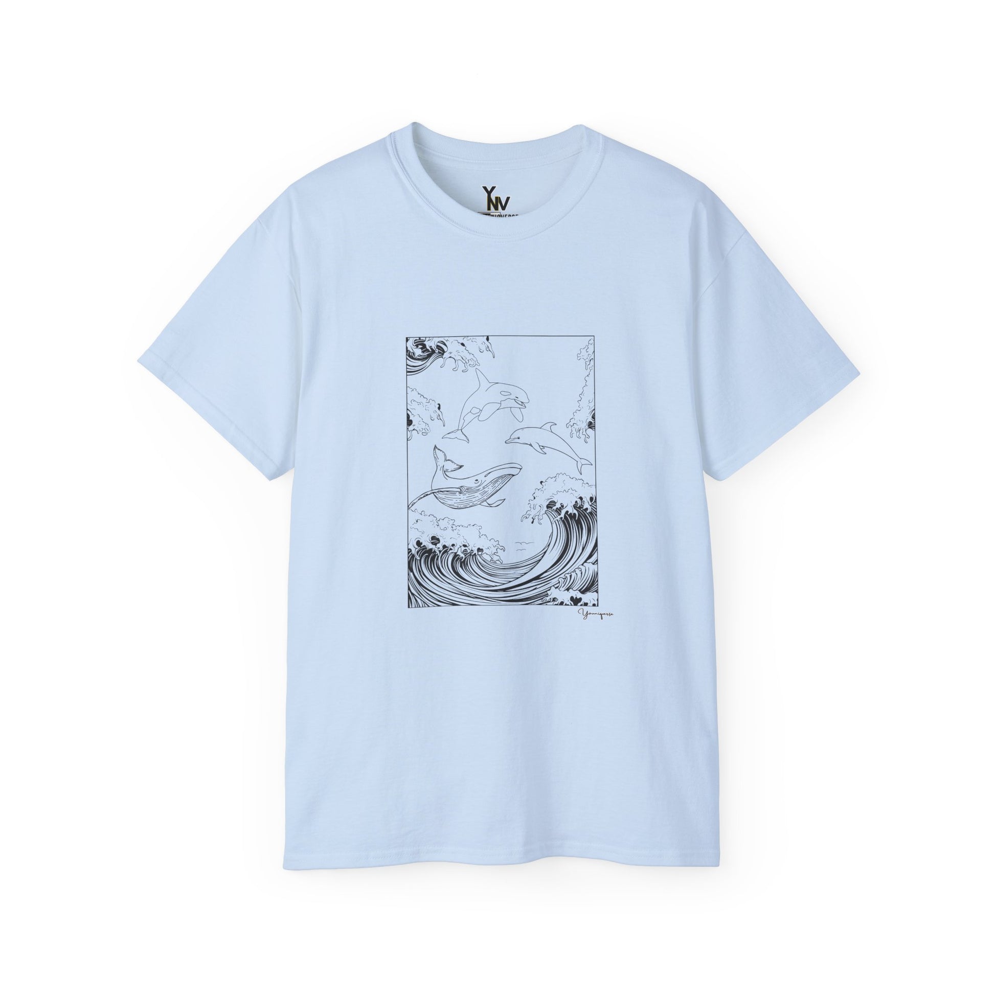 Light blue unisex t-shirt with a graphic of a whale, orca, and dolphin leaping from the sea, Ocean Wildlife - Whale Orca Dolphin Tee by Youniqverse