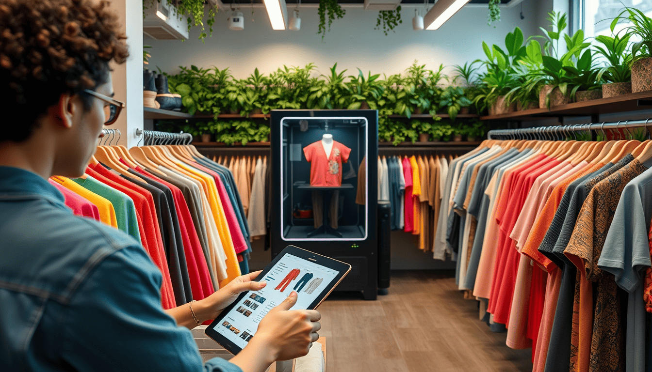 A man holding a tablet standing in front of a rack of clothes with a bunch of plants above the racks, symbolizing sustainable fashion