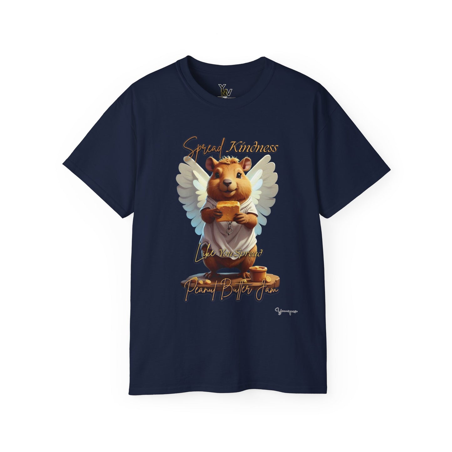 Navy unisex t-shirt with a cute smiling capybara with angel wings holding a block of peanut butter, Spread Kindness Like You Spread Peanut Butter Jam 3 by Youniqverse