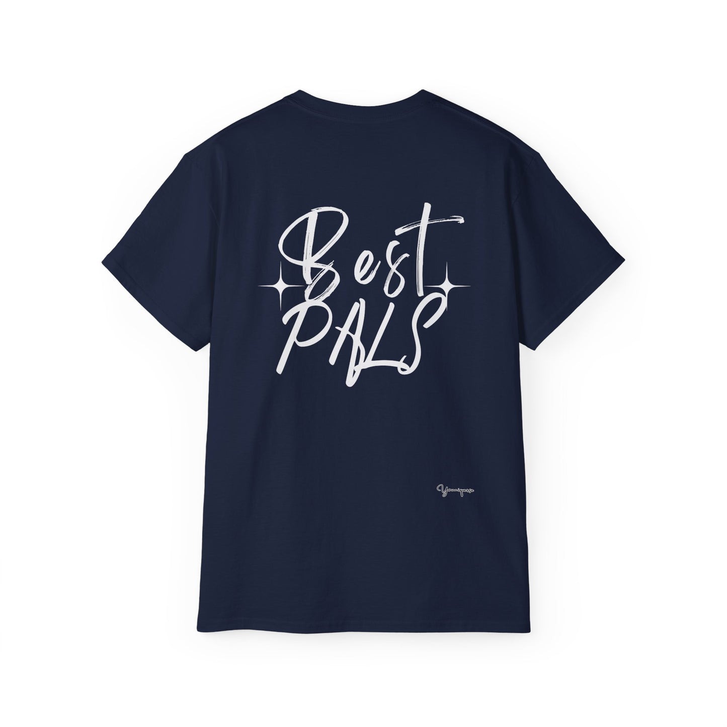 Navy unisex eco-friendly t-shirt with Best Pals in uplifting styles on front and back, symbolizing friendship and positivity by Youniqverse