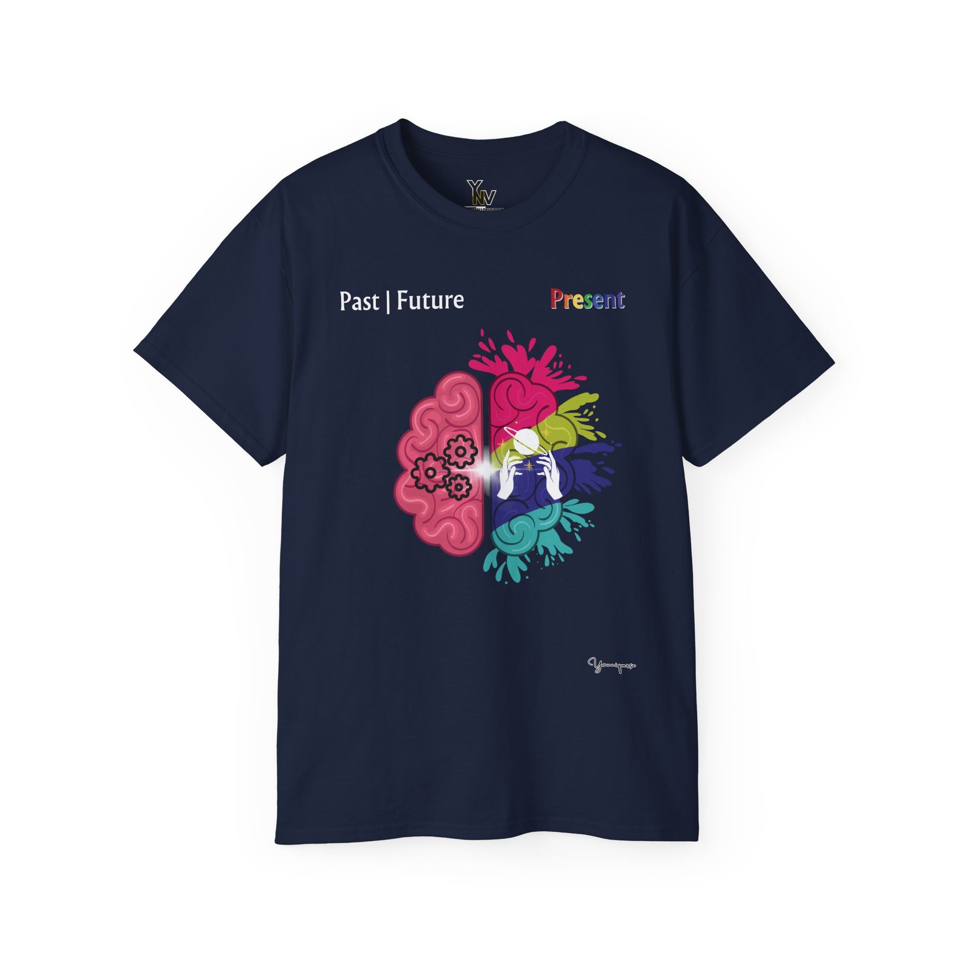 Navy unisex cotton t-shirt with a graphic of colorful Brain Hemispheres, symbolizing past, future and present by Youniqverse