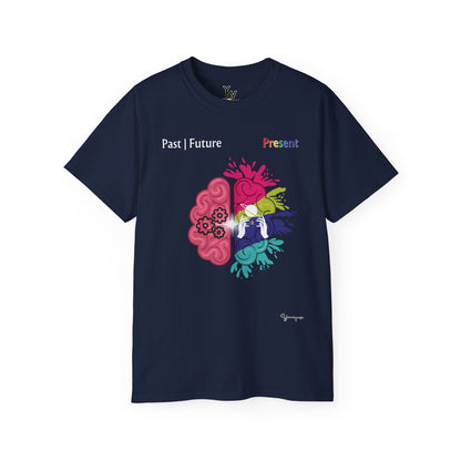 Navy unisex cotton t-shirt with a graphic of colorful Brain Hemispheres, symbolizing past, future and present by Youniqverse