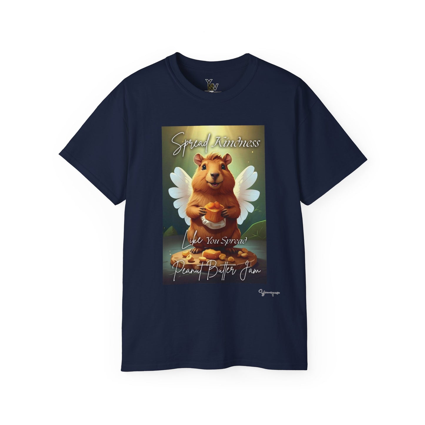 Navy unisex t-shirt with a cheerful smiling capybara with angel wings holding a block of peanut butter, Spread Kindness Like You Spread Peanut Butter Jam by Youniqverse