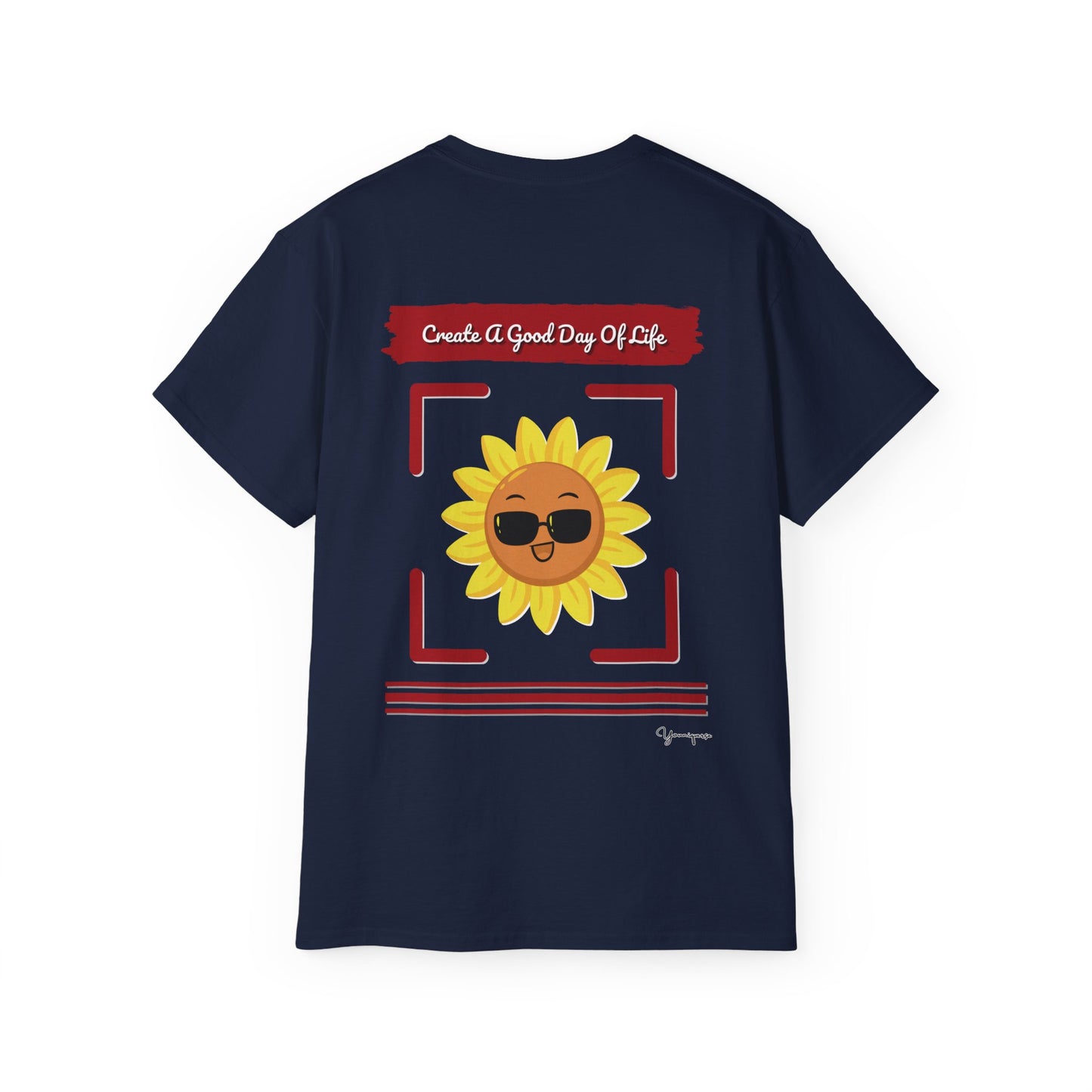 Navy unisex t-shirt with a smiling sun in sunglasses Create a Good Day Of Life on front and back by Youniqverse