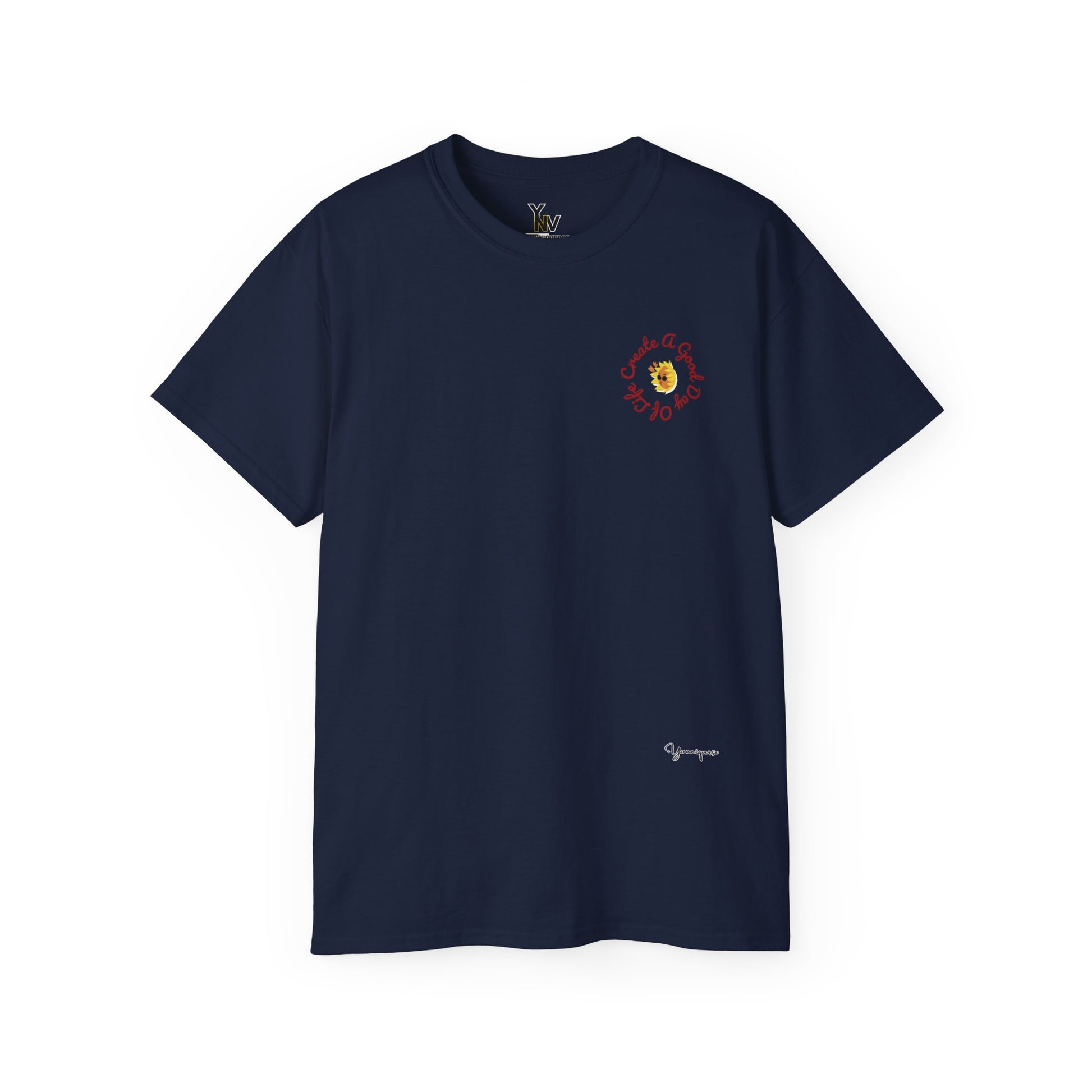 Navy unisex t-shirt with a smiling sun in sunglasses Create a Good Day Of Life on front and back by Youniqverse