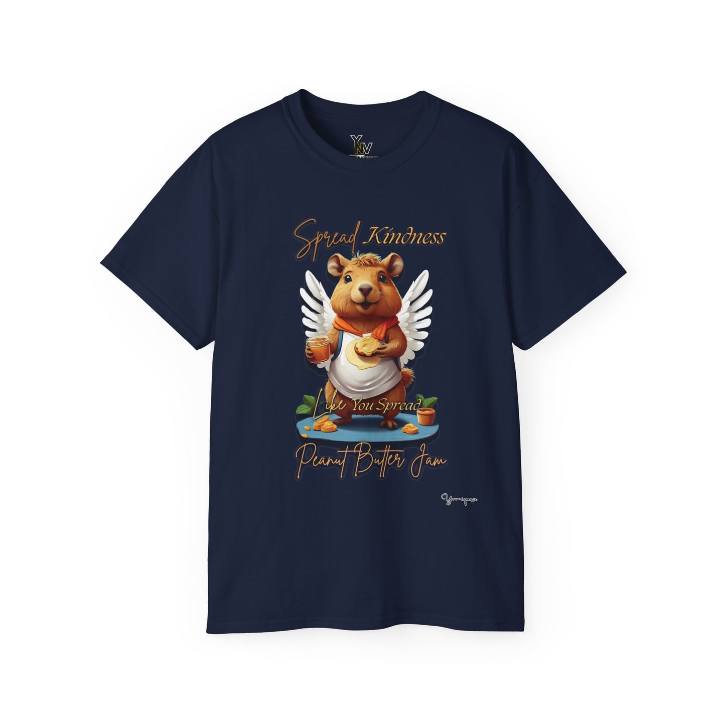 Navy unisex t-shirt with a cute smiling capybara with angel wings holding a peanut butter jam and toast, Spread Kindness Like You Spread Peanut Butter Jam 2 by Youniqverse