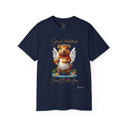 Navy unisex t-shirt with a cute smiling capybara with angel wings holding a peanut butter jam and toast, Spread Kindness Like You Spread Peanut Butter Jam 2 by Youniqverse