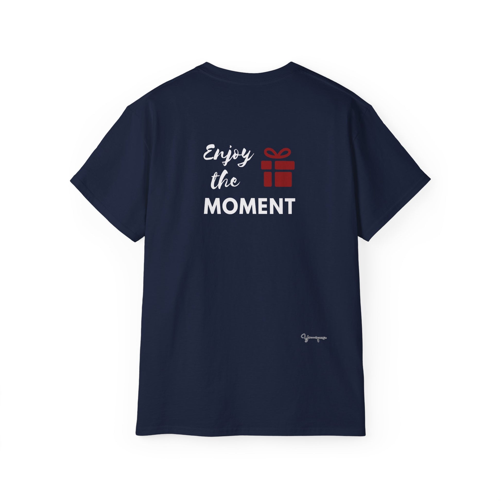 Navy unisex t-shirt with a red gift box inspirational quote Enjoy The Present Moment on front and back by Youniqverse