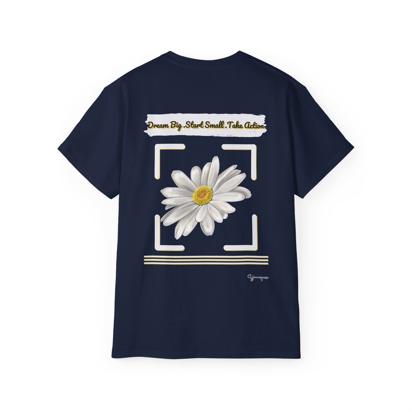 Navy unisex t-shirt with a floral graphic motivational quote Dream Big Start Small Take Action on front and back by Youniqverse