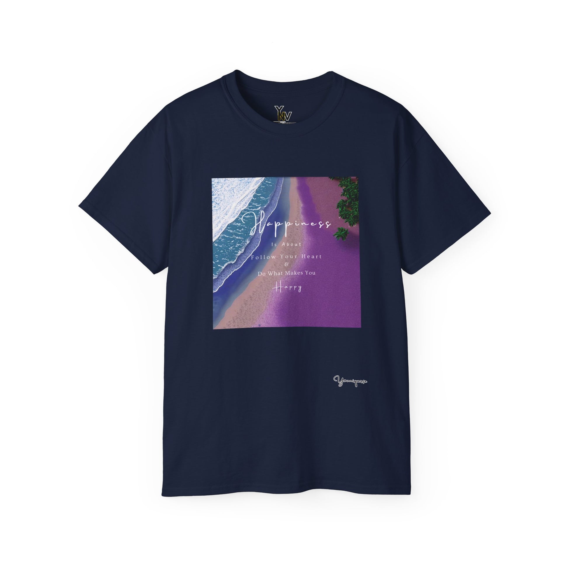 Navy unisex t-shirt with purple beach graphic Happiness Is About Follow Your Heart and Do What Makes You Happy by Youniqverse