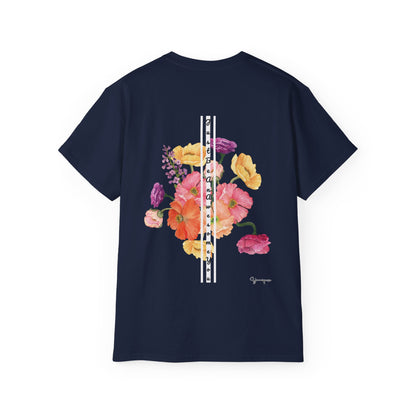 Navy unisex cotton t-shirt with yellow pink purple florals graphic Just Be An Awesome You on front and back by Youniqverse