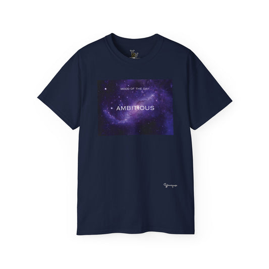 Navy unisex t-shirt with a purple universe milky way galaxy motivational Mood Of The Day Ambitious by Youniqverse