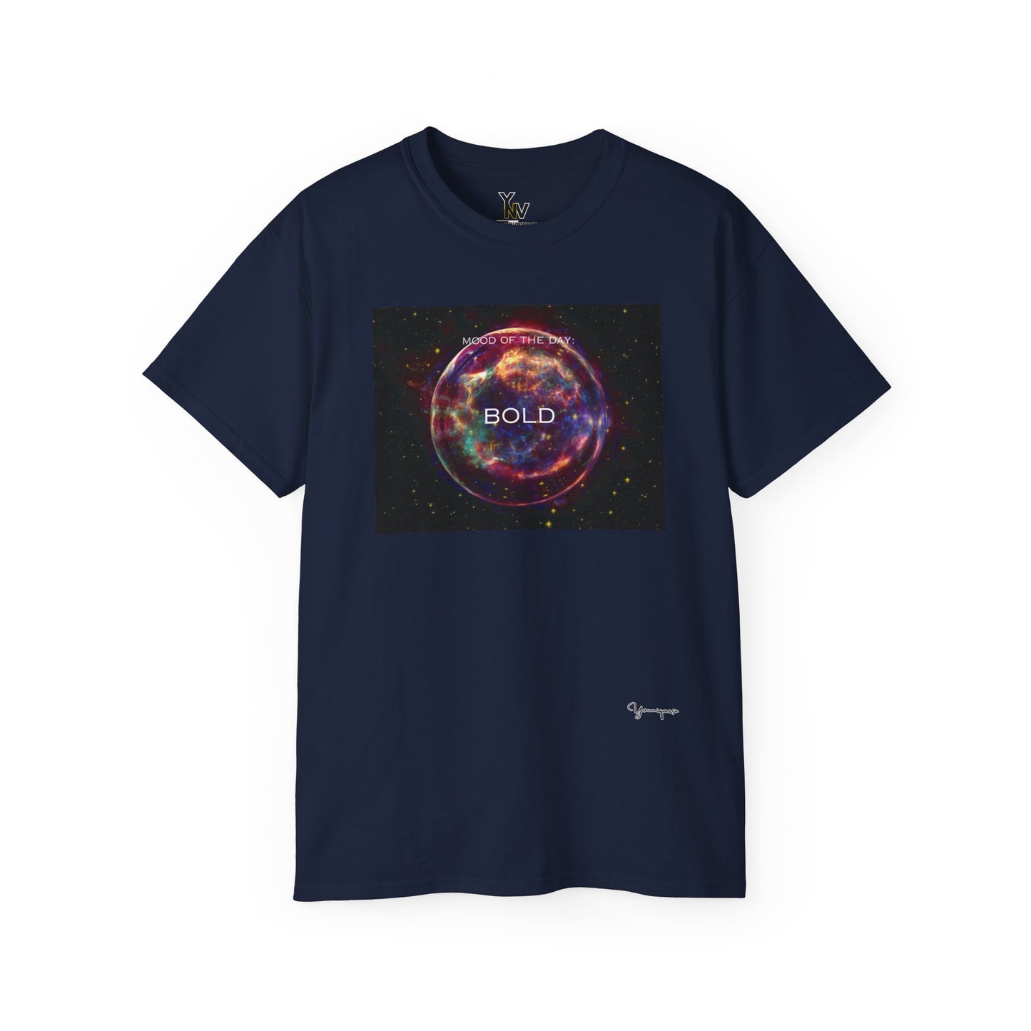 Navy unisex t-shirt with a red sphere-shaped cosmos graphic motivational Mood Of The Day Bold by Youniqverse