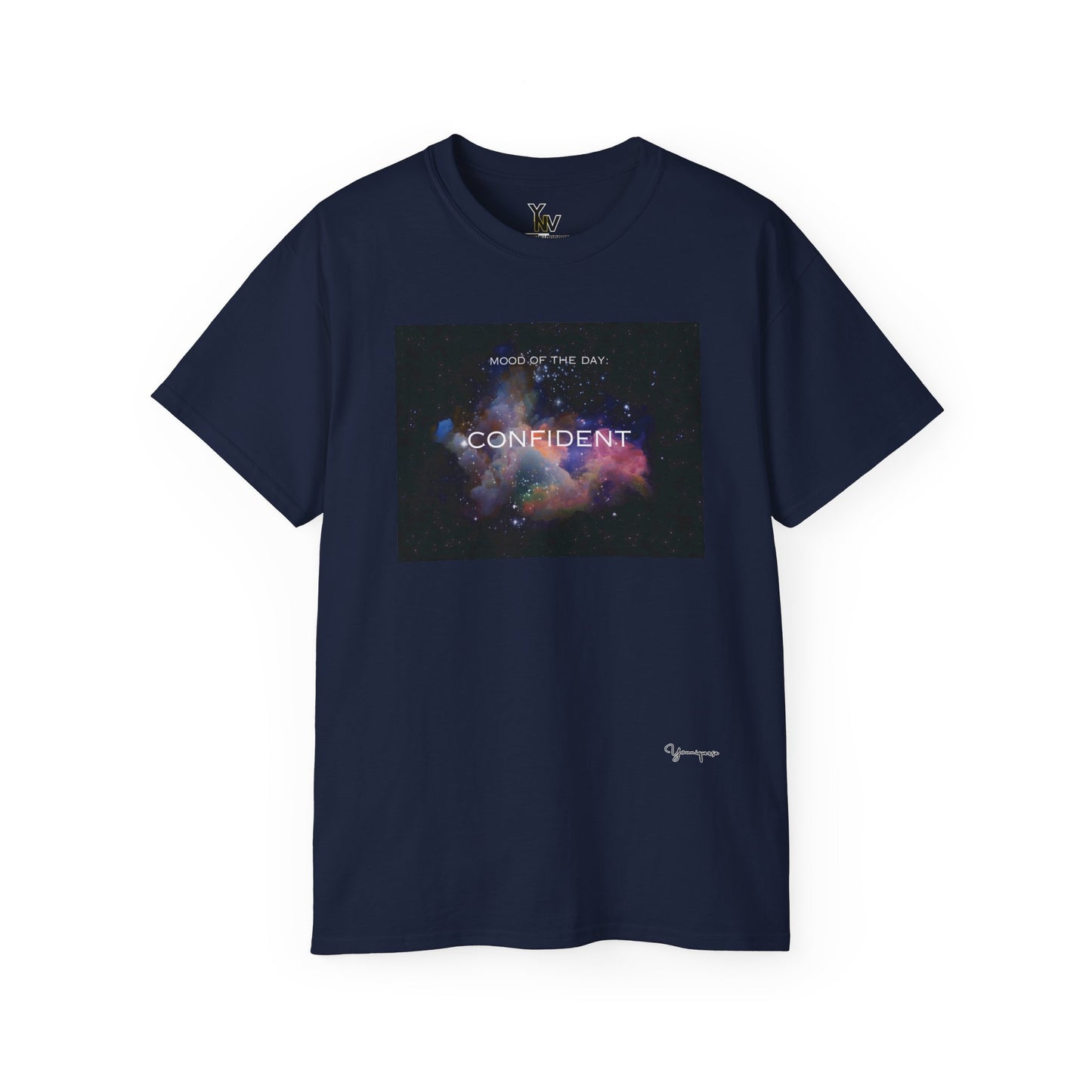 Navy unisex t-shirt with a rainbow universe graphic motivational Mood Of The Day Confident by Youniqverse