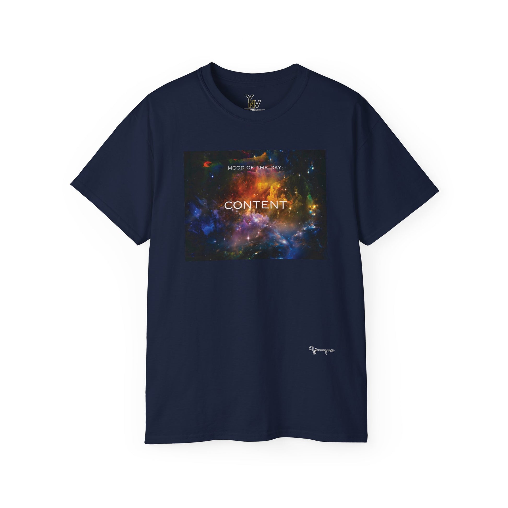 Navy unisex t-shirt with a rainbow universe galaxy graphic motivational Mood Of The Day Content by Youniqverse