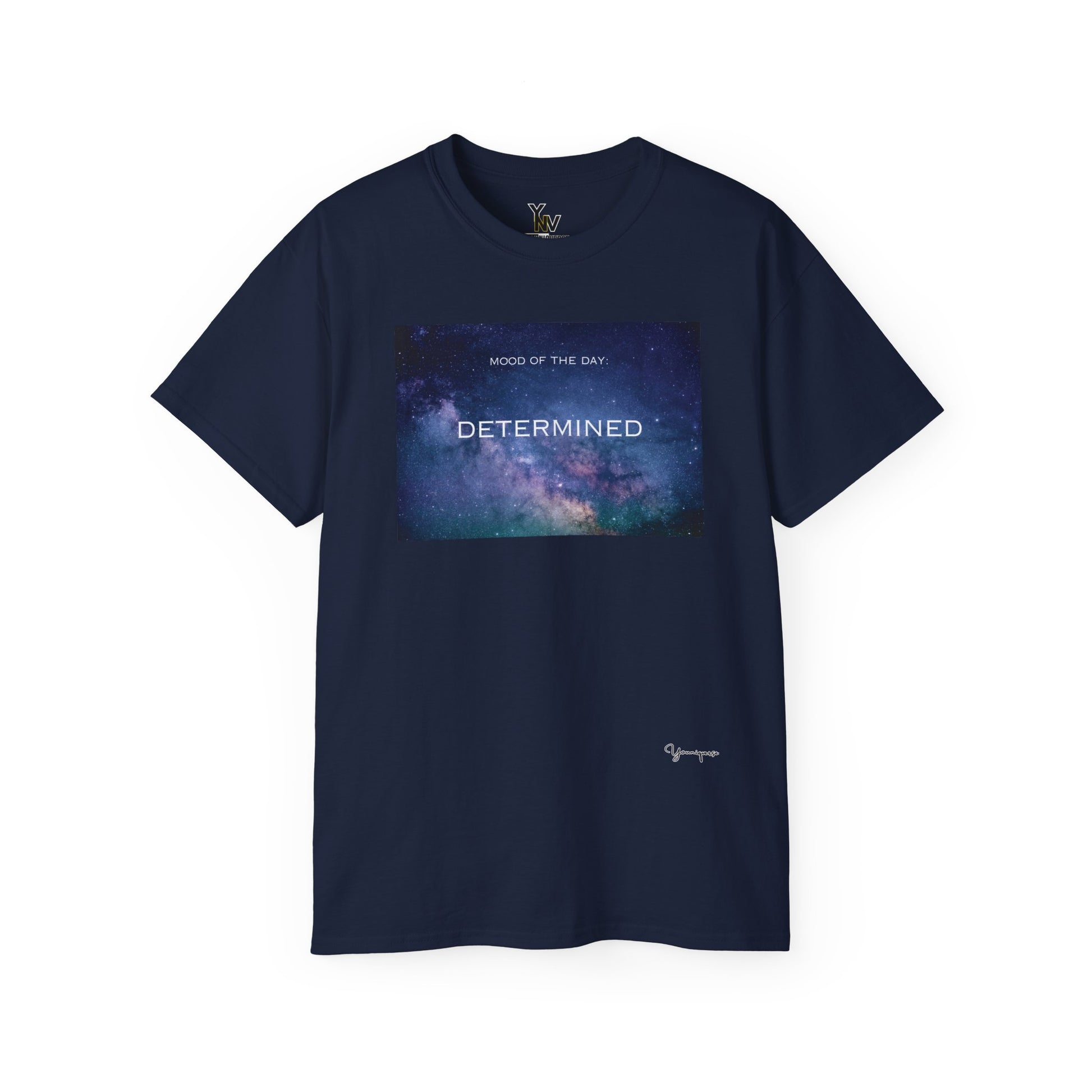 Navy unisex t-shirt with a blue universe graphic motivational Mood Of The Day Determined by Youniqverse