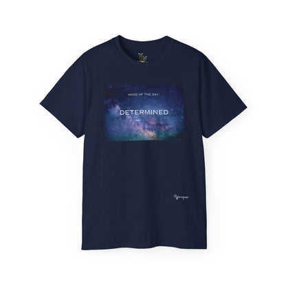 Navy unisex t-shirt with a blue universe graphic motivational Mood Of The Day Determined by Youniqverse