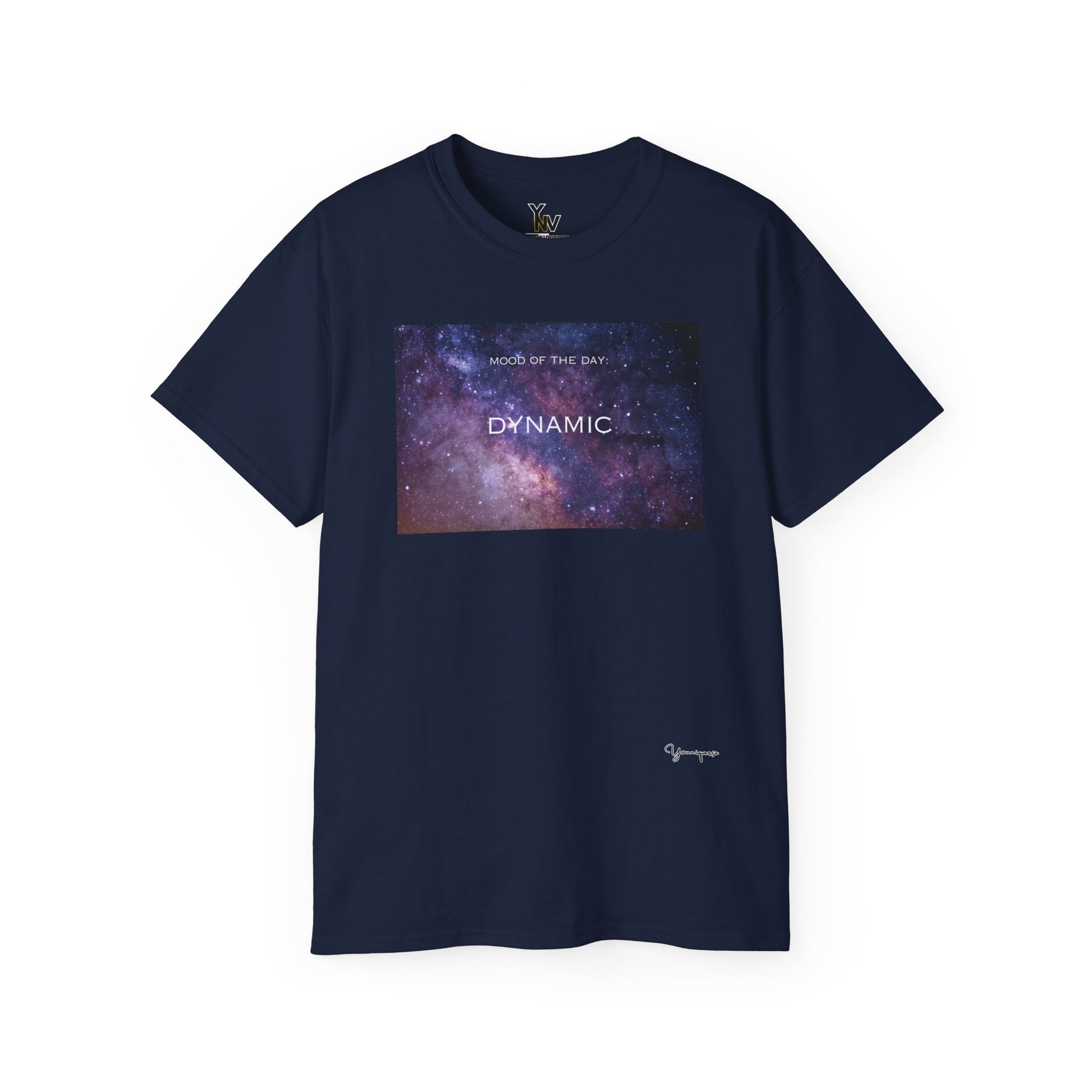 Navy unisex t-shirt with a pink and purple universe galaxy motivational Mood Of The Day Dynamic by Youniqverse