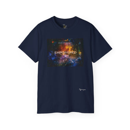 Navy unisex t-shirt with a rainbow universe galaxy graphic motivational Mood Of The Day Empowered by Youniqverse