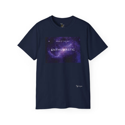 Navy unisex t-shirt with a purple universe galaxy graphic motivational Mood Of The Day Enthusiastic by Youniqverse