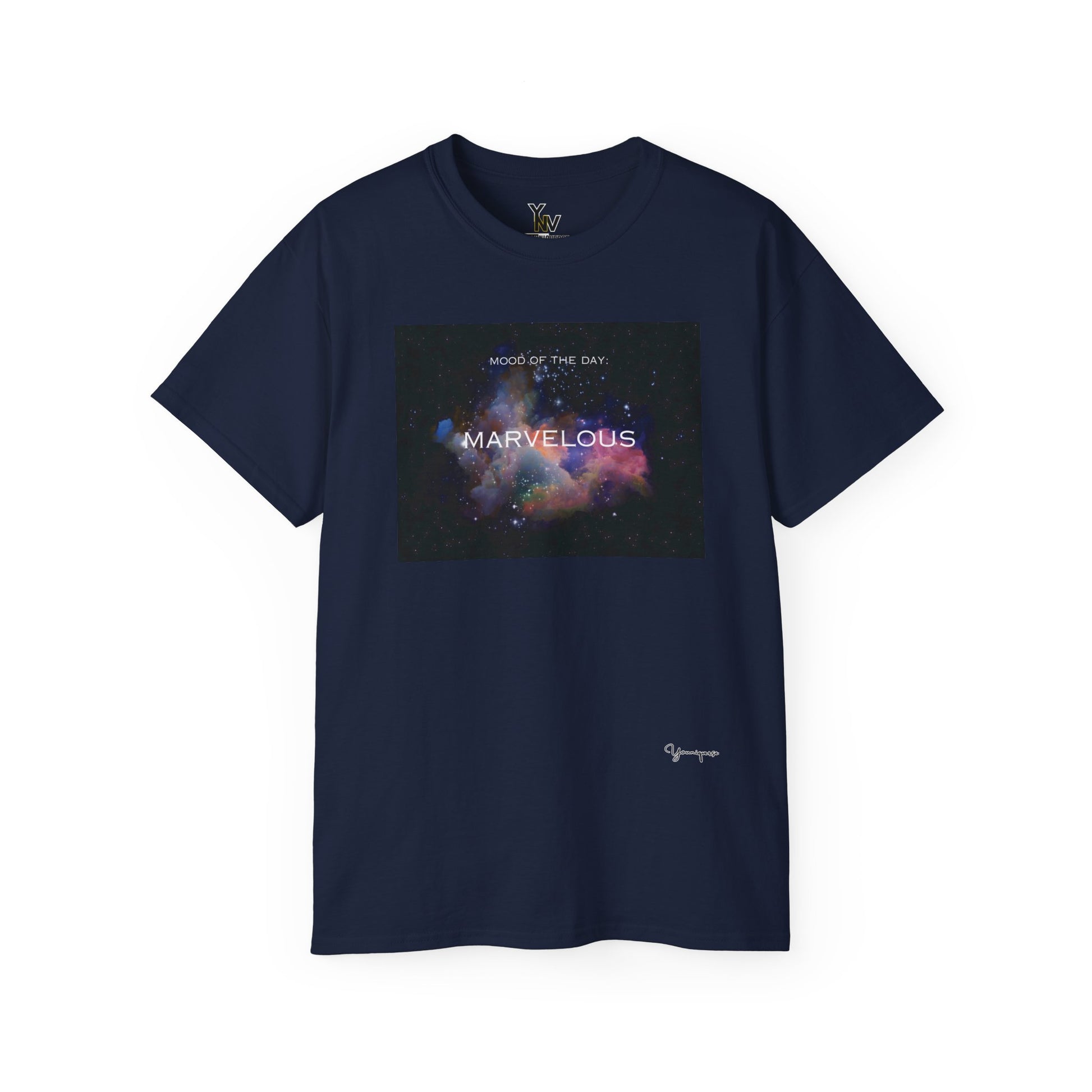 Navy unisex t-shirt with a rainbow universe graphic motivational Mood Of The Day Marvelous by Youniqverse