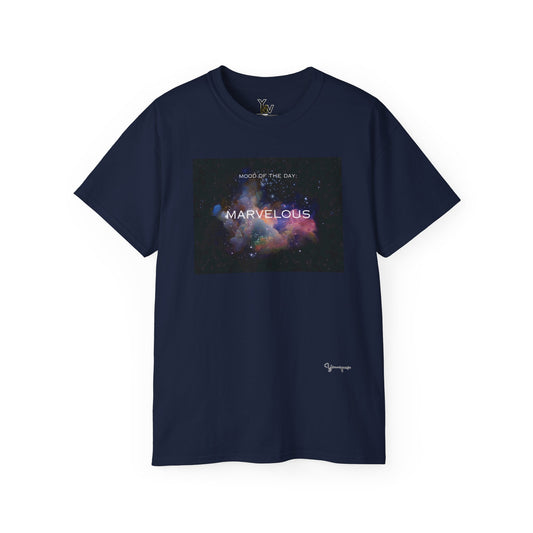 Navy unisex t-shirt with a rainbow universe graphic motivational Mood Of The Day Marvelous by Youniqverse