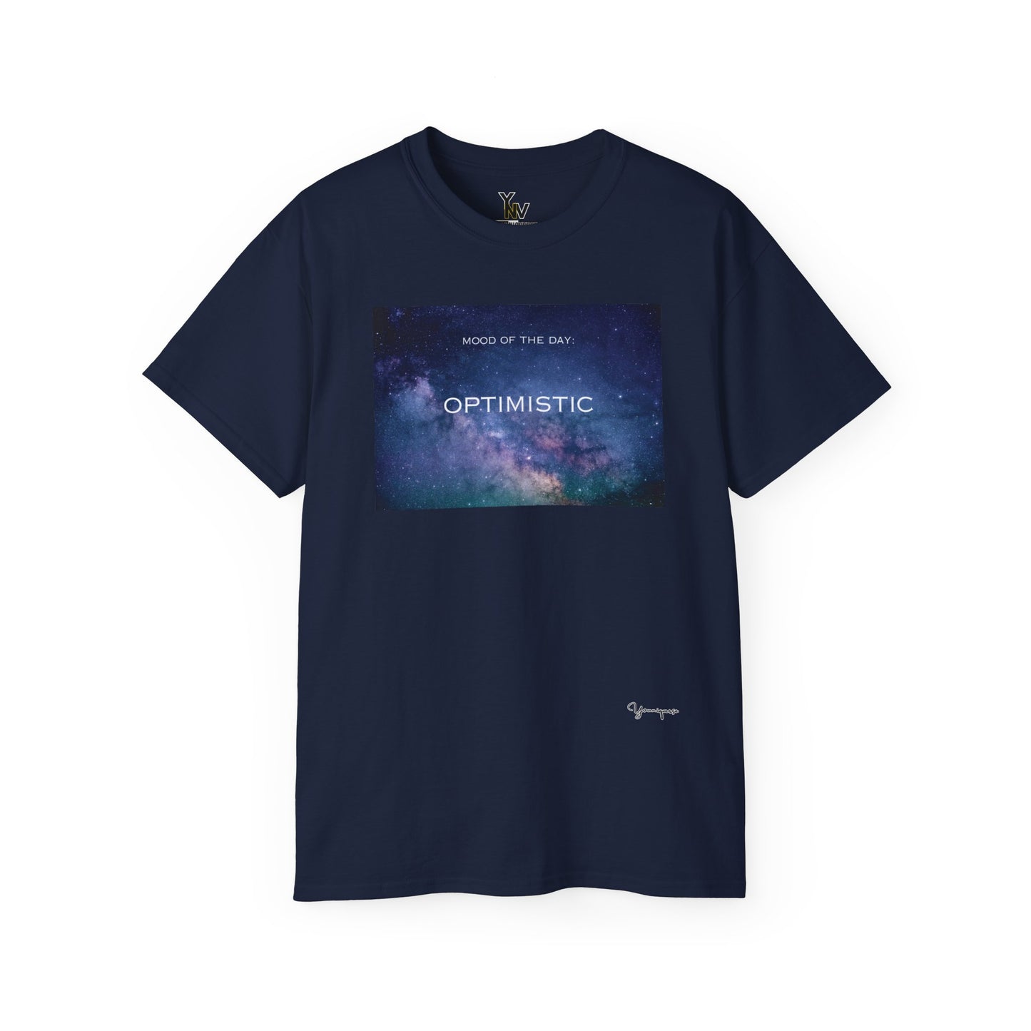 Navy unisex t-shirt with a blue universe galaxy graphic motivational Mood Of The Day Optimistic by Youniqverse