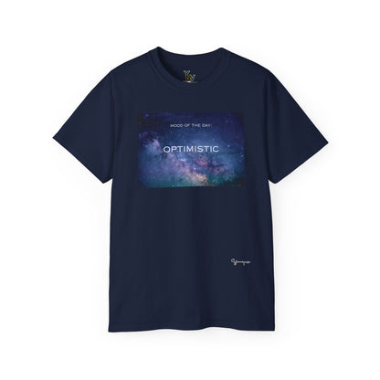 Navy unisex t-shirt with a blue universe galaxy graphic motivational Mood Of The Day Optimistic by Youniqverse