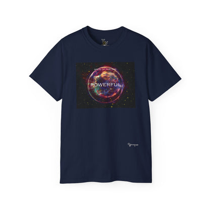 Navy unisex t-shirt with a red sphere-shaped cosmos graphic motivational Mood Of The Day Powerful by Youniqverse