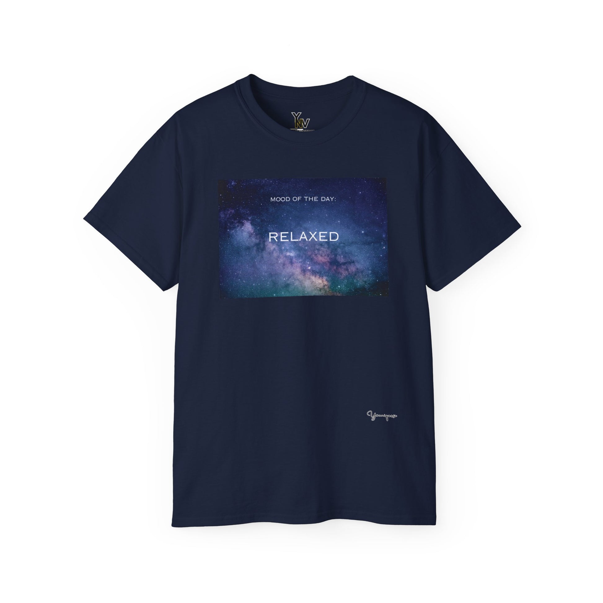 Navy unisex t-shirt with a blue galaxy universe graphic motivational Mood Of The Day Relaxed by Youniqverse