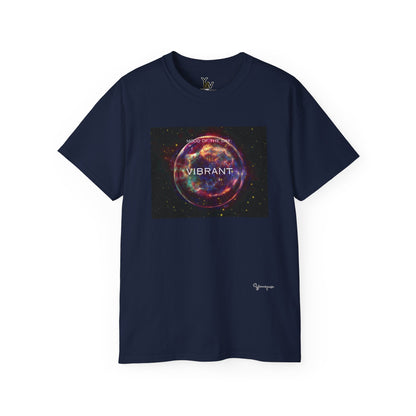 Navy unisex t-shirt with a red sphere-shaped cosmos graphic motivational Mood Of The Day Vibrant by Youniqverse