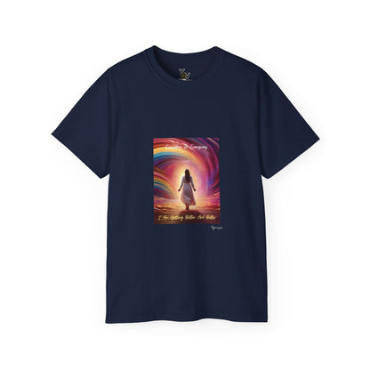 Navy unisex t-shirt with a lady in white dress in rainbow aura with positive quote Everyday In Every Way I Am Getting better And Better, Peaceful Rainbow 2 by Youniqverse